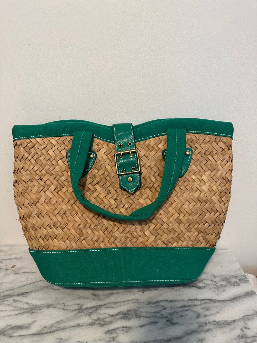 Gap L Woven Straw Raffia Tote Handbag Purse kelly green Woven Cloth Handles